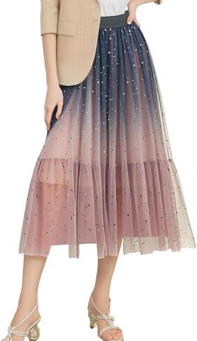 Womens Sequin Tulle Skirts Sparkly A-Line Mesh Skirt High Waist Glitter Pleated Skirts Casual Cocktail Party Skirt in Saudi Arabia