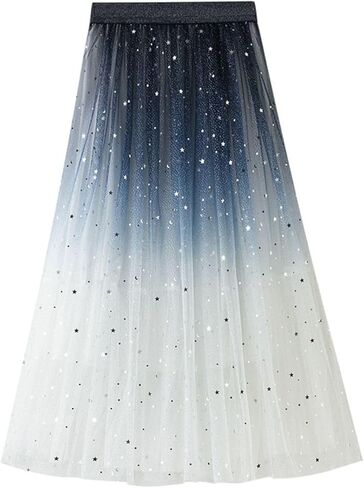 Womens Sequin Tulle Skirts Sparkly A-Line Mesh Skirt High Waist Glitter Pleated Skirts Casual Cocktail Party Skirt in Saudi Arabia