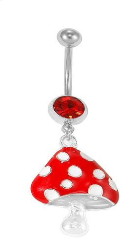 OIDIMS Mushroom Belly Button Rings for Women Surgical Stainless Steel 14g Belly Body Piercing Jewelry Threaded Navel Ring Red Cubic Zirconia Cute Barbs Dainty Dangling Navel Barbell Crystal Jewelry in Saudi Arabia