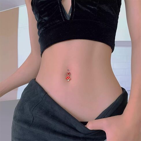 OIDIMS Mushroom Belly Button Rings for Women Surgical Stainless Steel 14g Belly Body Piercing Jewelry Threaded Navel Ring Red Cubic Zirconia Cute Barbs Dainty Dangling Navel Barbell Crystal Jewelry in Saudi Arabia