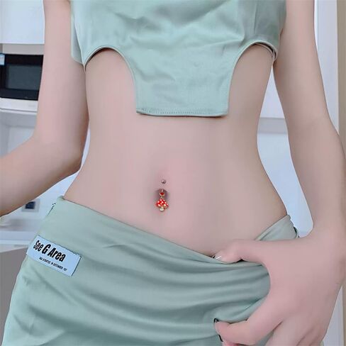 OIDIMS Mushroom Belly Button Rings for Women Surgical Stainless Steel 14g Belly Body Piercing Jewelry Threaded Navel Ring Red Cubic Zirconia Cute Barbs Dainty Dangling Navel Barbell Crystal Jewelry in Saudi Arabia