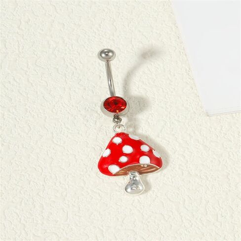 OIDIMS Mushroom Belly Button Rings for Women Surgical Stainless Steel 14g Belly Body Piercing Jewelry Threaded Navel Ring Red Cubic Zirconia Cute Barbs Dainty Dangling Navel Barbell Crystal Jewelry in Saudi Arabia