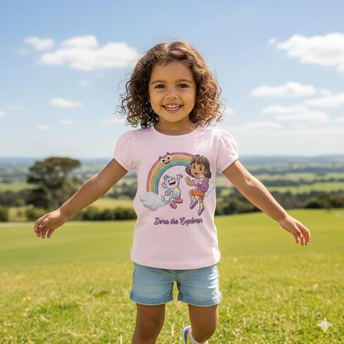 Dora The Explorer Toddler Girls T-Shirt - Short Sleeve Tee with Boots, Butterflies & Rainbows - Nickelodeon Sizes 2T-5T in Saudi Arabia