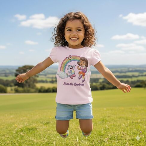 Dora The Explorer Toddler Girls T-Shirt - Short Sleeve Tee with Boots, Butterflies & Rainbows - Nickelodeon Sizes 2T-5T in Saudi Arabia