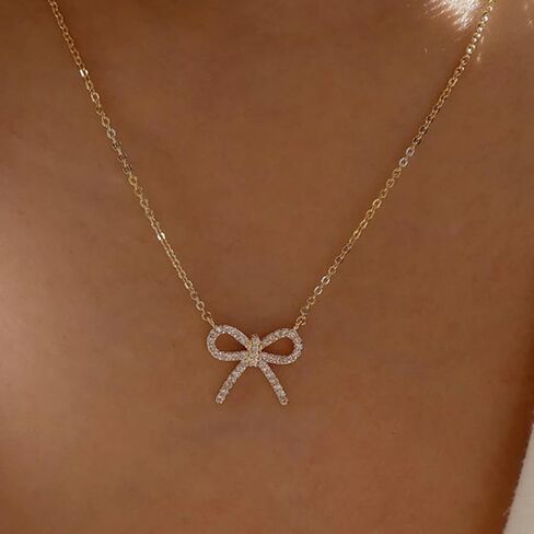 14K Gold/Silver Bow Necklace for Women - Dainty Tiny Bow Pendant Choker, Delicate Gold Chain Necklace, Trendy Jewelry Gift in Saudi Arabia