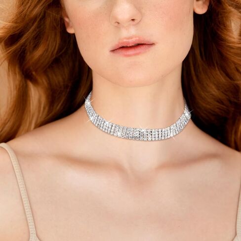 Sibba 4 Row Diamond Choker Necklace for Women Silver Plated Adjustable Iced Out Crystal Rhinestone Collar Elegant Anniversary Birthday Gift Jewelry Sparkling Party Wedding Tassel White Necklace(4 Row) in Saudi Arabia
