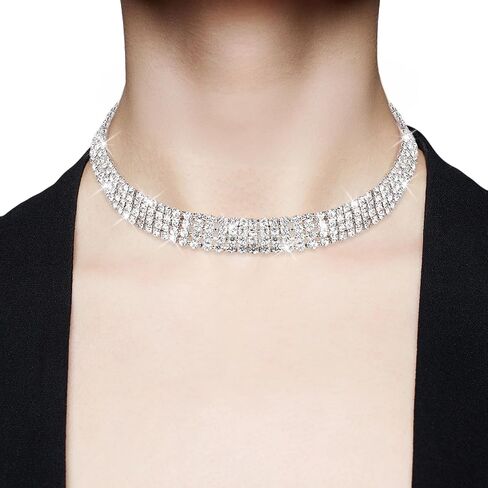 Sibba 4 Row Diamond Choker Necklace for Women Silver Plated Adjustable Iced Out Crystal Rhinestone Collar Elegant Anniversary Birthday Gift Jewelry Sparkling Party Wedding Tassel White Necklace(4 Row) in Saudi Arabia