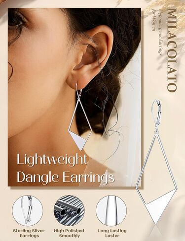 MILACOLATO 925 Sterling Silver Earrings Leverback Earrings for Women Trendy Hypoallergenic Dangle Earrings Lightweight Drop Earrings Statement Unique Hammer Teardrop Disc Circle Rhombus Jewerly Gifts in Saudi Arabia