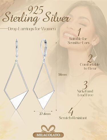 MILACOLATO 925 Sterling Silver Earrings Leverback Earrings for Women Trendy Hypoallergenic Dangle Earrings Lightweight Drop Earrings Statement Unique Hammer Teardrop Disc Circle Rhombus Jewerly Gifts in Saudi Arabia
