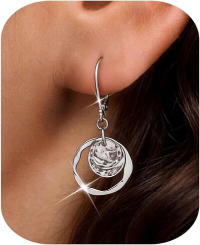 MILACOLATO 925 Sterling Silver Earrings Leverback Earrings for Women Trendy Hypoallergenic Dangle Earrings Lightweight Drop Earrings Statement Unique Hammer Teardrop Disc Circle Rhombus Jewerly Gifts in Saudi Arabia