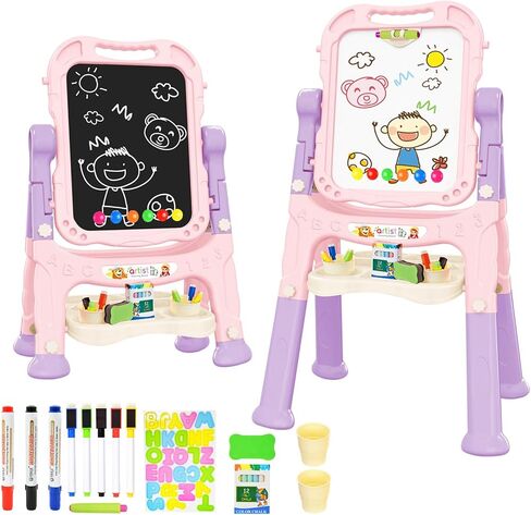 Amagoing Easel for Kids for Age 2-4, Adjustable Standing Art Easel for Toddler, Double Magnetic Drawing Board with Painting Accessories, Birthday Christmas Gift Toy for Little Boys and Girls 3 4 5 in Saudi Arabia