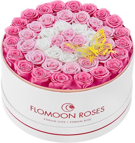 صندوق هدايا Forever Real Roses، 47 وردة محفوظة في صندوق مخملي أبيض مستدير من الزهور لهدايا عيد ميلاد عيد الحب لورودها الطويلة الأمد التي تدوم لأكثر من عام (متعدد الألوان) in Kuwait