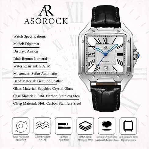 Silver/White Diplomat | 42 mm Automatic Homage Mens Watch | Vintage Square Tank Silhouette Watch in Saudi Arabia