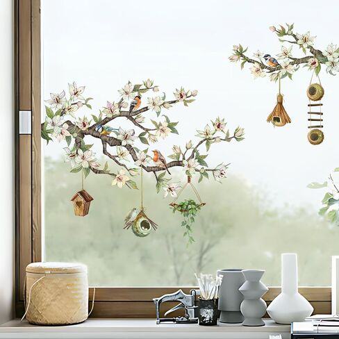 Supzone Flower Branch Birds Static Window Clings - Spring Birds on White Floral Tree Branch Window Decals, Reusable Anti-Collision Double-Side Stickers for Glass Door Decoration in Kuwait