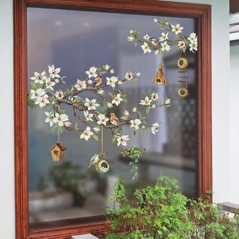 Supzone Flower Branch Birds Static Window Clings - Spring Birds on White Floral Tree Branch Window Decals, Reusable Anti-Collision Double-Side Stickers for Glass Door Decoration in Kuwait