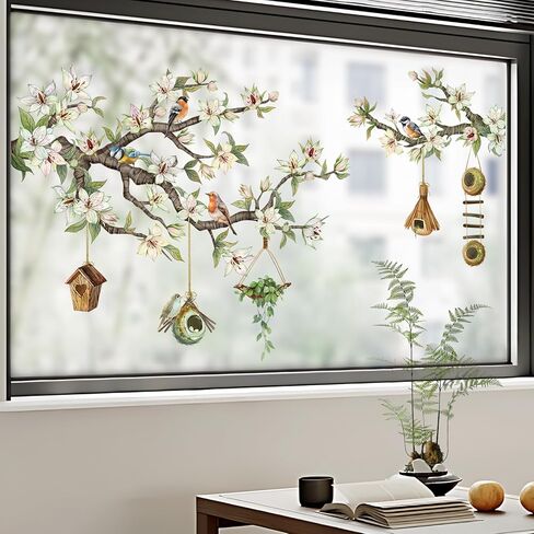 Supzone Flower Branch Birds Static Window Clings - Spring Birds on White Floral Tree Branch Window Decals, Reusable Anti-Collision Double-Side Stickers for Glass Door Decoration in Kuwait