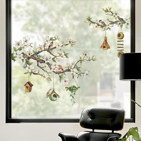Supzone Flower Branch Birds Static Window Clings - Spring Birds on White Floral Tree Branch Window Decals, Reusable Anti-Collision Double-Side Stickers for Glass Door Decoration in Kuwait