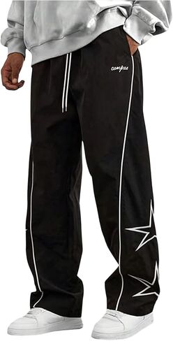 Men's Y2K Side Striped Sweatpants Streetwear Star Embroidered Stacked Track Pants with Pockets in Saudi Arabia
