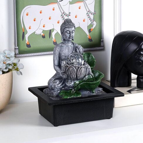 Buddha’S Lotus Tabletop Indoor Fountain for Home Decor Spiritual Decor for Home Office & Meditation Spaces (Height: 28 Cm) Black in Saudi Arabia