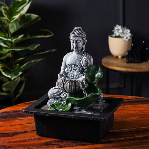 Buddha’S Lotus Tabletop Indoor Fountain for Home Decor Spiritual Decor for Home Office & Meditation Spaces (Height: 28 Cm) Black in Saudi Arabia