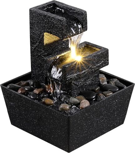 نافورة سطح الطاولة الحديثة باللون الأسود مع ضوء LED - ميزة شلال داخلي لديكور المنزل أو المكتب، نافورة مياه سطح المكتب للاسترخاء من Zen in Kuwait