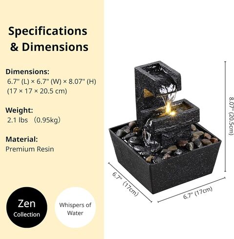 نافورة سطح الطاولة الحديثة باللون الأسود مع ضوء LED - ميزة شلال داخلي لديكور المنزل أو المكتب، نافورة مياه سطح المكتب للاسترخاء من Zen in Kuwait