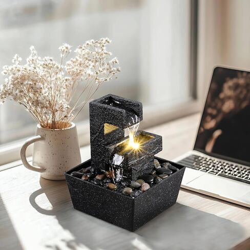 نافورة سطح الطاولة الحديثة باللون الأسود مع ضوء LED - ميزة شلال داخلي لديكور المنزل أو المكتب، نافورة مياه سطح المكتب للاسترخاء من Zen in Kuwait
