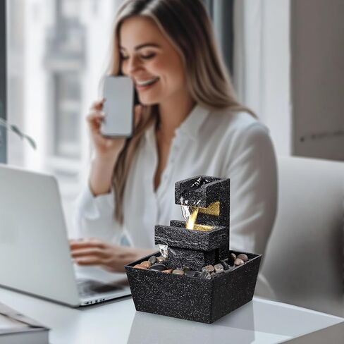 نافورة سطح الطاولة الحديثة باللون الأسود مع ضوء LED - ميزة شلال داخلي لديكور المنزل أو المكتب، نافورة مياه سطح المكتب للاسترخاء من Zen in Kuwait