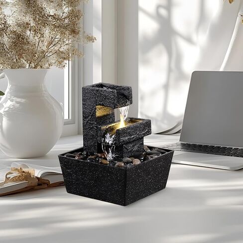 نافورة سطح الطاولة الحديثة باللون الأسود مع ضوء LED - ميزة شلال داخلي لديكور المنزل أو المكتب، نافورة مياه سطح المكتب للاسترخاء من Zen in Kuwait