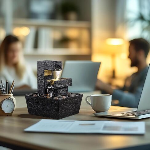 نافورة سطح الطاولة الحديثة باللون الأسود مع ضوء LED - ميزة شلال داخلي لديكور المنزل أو المكتب، نافورة مياه سطح المكتب للاسترخاء من Zen in Kuwait