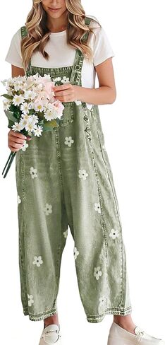 utcoco Women Floral Printed Adjustable Strap Denim Bib Overall Wide Leg Jeans Casual Baggy Overalls Jumpsuit in Saudi Arabia