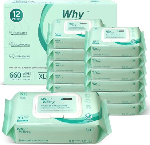 Wet Wipes for Adults, 8"x12" Extra Large Body Cleansing Wipes for Elderly & Incontinence, Extra Thick Adult Washcloths Disposable with Aloe & Vitamin E, Unscented, 55 Count in Saudi Arabia