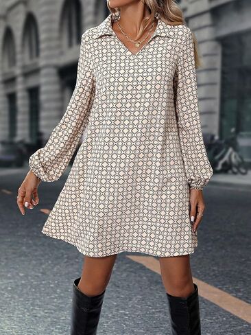 2025 Women's Long Sleeve V-Neck Waist Graphic A Line Dresses in Saudi Arabia