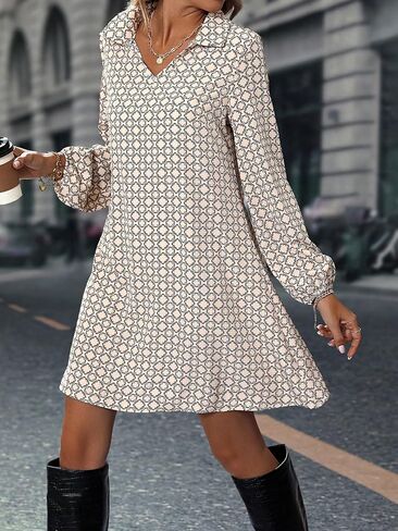 2025 Women's Long Sleeve V-Neck Waist Graphic A Line Dresses in Saudi Arabia