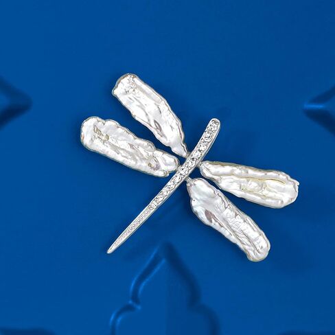 Ross-Simons 6x20mm Cultured Pearl and .20 ct. t.w. CZ Dragonfly Pin/Pendant in Sterling Silver in Saudi Arabia
