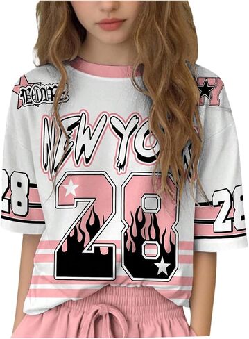 Floerns Girl's Number Jersey Print Shirts V Neck Short Sleeve Oversized Tee Tops in Kuwait