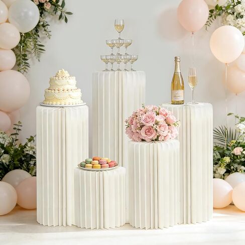 JarThenaAMCS 5Pcs Cylinder Stand for Party Round Cake Pedestal Stands with Acrylic Plates Foldable Cardboard Column Tables for Valentine's Day Anniversary Birthday Baby Shower Wedding Display Decoration in Saudi Arabia