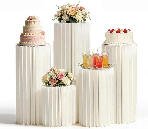 JarThenaAMCS 5Pcs Cylinder Stand for Party Round Cake Pedestal Stands with Acrylic Plates Foldable Cardboard Column Tables for Valentine's Day Anniversary Birthday Baby Shower Wedding Display Decoration in Saudi Arabia