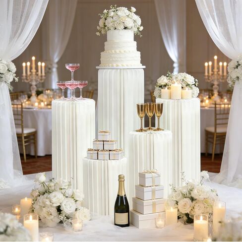 JarThenaAMCS 5Pcs Cylinder Stand for Party Round Cake Pedestal Stands with Acrylic Plates Foldable Cardboard Column Tables for Valentine's Day Anniversary Birthday Baby Shower Wedding Display Decoration in Saudi Arabia