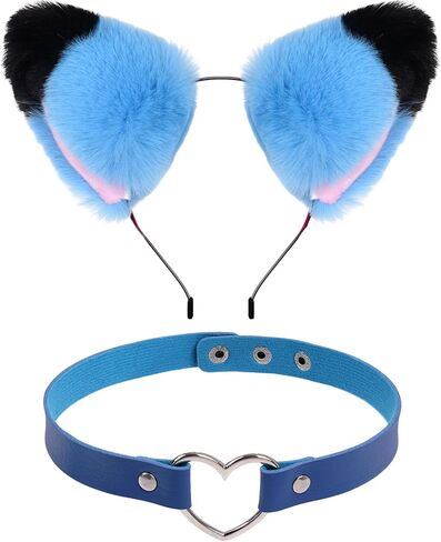 Furry Pink Purple Cat Ear Headband and Love Heart Leather Chocker for Halloween Animal Costumes Accessories in Saudi Arabia