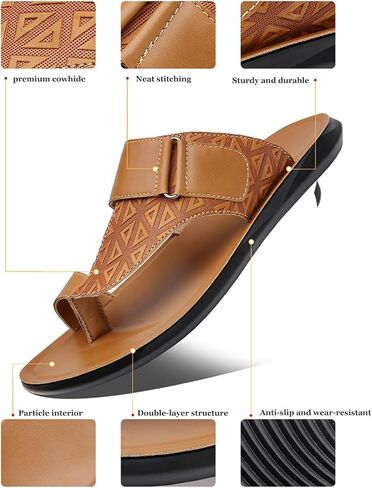 Men's Leather Hollow Flat Flip Flops Sandals Casual Open Toe Comfort Arch Support Soft Bottom Slip On Orthotic Slides Summer Lightweight Anti-Slip Walking Beach Sandals in Saudi Arabia