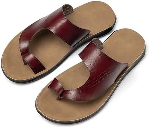 Men's Leather Hollow Flat Flip Flops Sandals Casual Open Toe Comfort Arch Support Soft Bottom Slip On Orthotic Slides Summer Lightweight Anti-Slip Walking Beach Sandals in Saudi Arabia