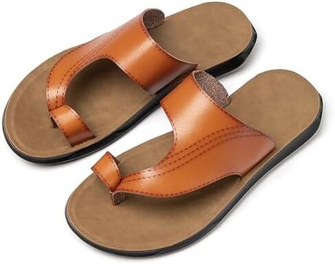 Men's Leather Hollow Flat Flip Flops Sandals Casual Open Toe Comfort Arch Support Soft Bottom Slip On Orthotic Slides Summer Lightweight Anti-Slip Walking Beach Sandals in Saudi Arabia