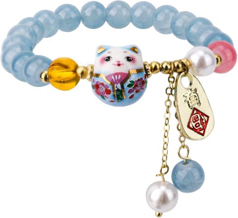 سوار Lucky Cat للنساء، سوار Maneki Neko Good Luck Animal Charm مع مجوهرات كريستال زرقاء لجذب الأموال من أجل الثروة in Kuwait