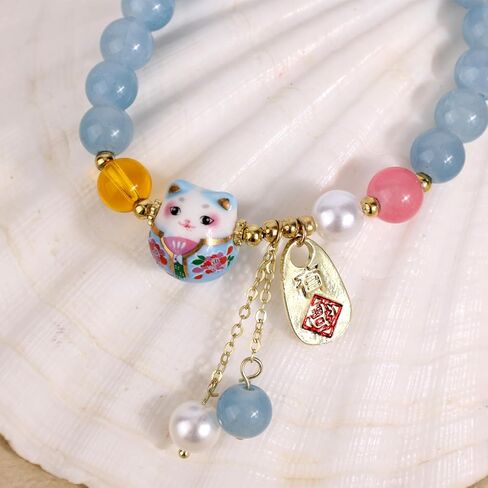 سوار Lucky Cat للنساء، سوار Maneki Neko Good Luck Animal Charm مع مجوهرات كريستال زرقاء لجذب الأموال من أجل الثروة in Kuwait