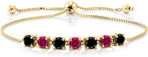 Gem Stone King Gemstone Birthstone and Created Ruby Tennis Bracelet For Women | 18K Yellow Gold Plated Silver | Round Cut 4.5MM | Adjustable Bolo Bracelet For Women | Easy-On Easy-Off in Saudi Arabia