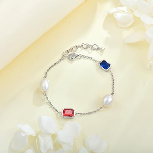 925 Sterling Silver Pearl and Birthstone Bracelets for Women, Adjustable Cubic Zirconia CZ Bracelet Birthday Anniversary Jewerly Gifts for Mom Wife in Kuwait
