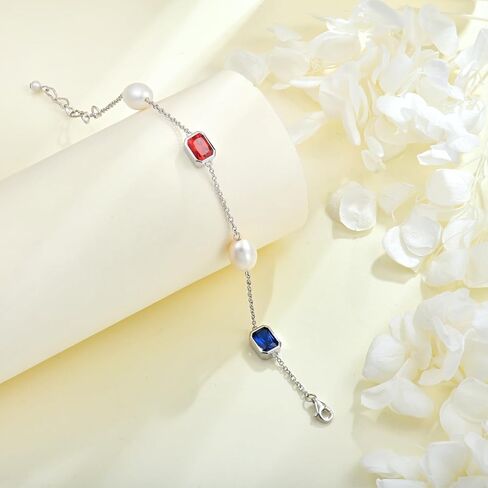 925 Sterling Silver Pearl and Birthstone Bracelets for Women, Adjustable Cubic Zirconia CZ Bracelet Birthday Anniversary Jewerly Gifts for Mom Wife in Kuwait