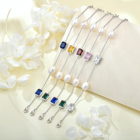 925 Sterling Silver Pearl and Birthstone Bracelets for Women, Adjustable Cubic Zirconia CZ Bracelet Birthday Anniversary Jewerly Gifts for Mom Wife in Kuwait