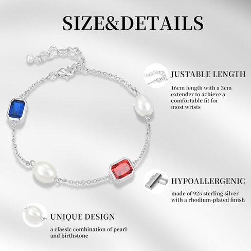 925 Sterling Silver Pearl and Birthstone Bracelets for Women, Adjustable Cubic Zirconia CZ Bracelet Birthday Anniversary Jewerly Gifts for Mom Wife in Kuwait